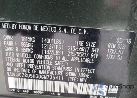 2016 Honda Hr-V Lx из США, поврежденный, VIN 3CZRU5H30GM735411